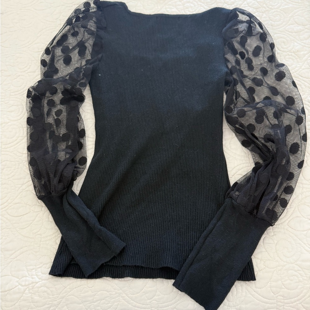 Vici Black Top with Sheer Polka Dot Sleeves - Picture 3 of 5